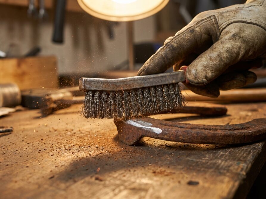 Hand mit Handschuh bürstet Rost von einem alten Hufeisen ab