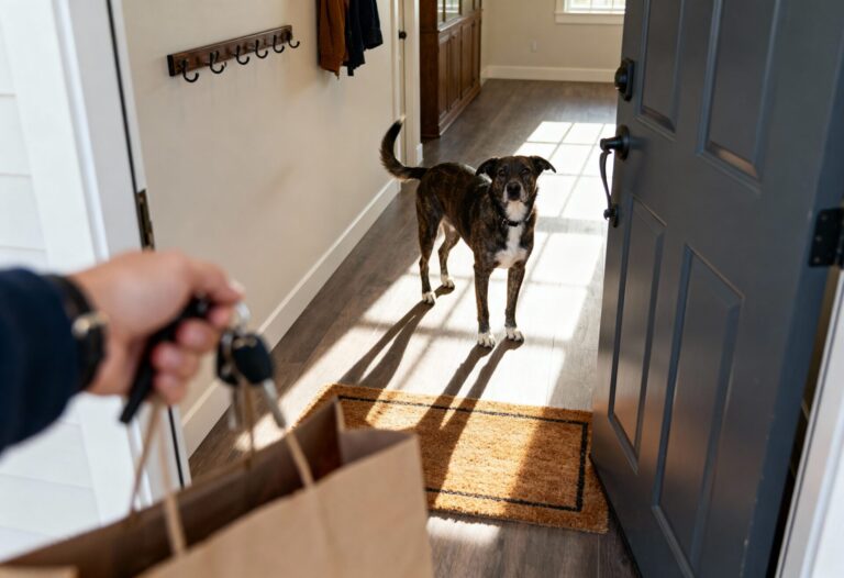 POV beim Eintreten: Hand mit Schlüsseln und Einkaufstüte im Vordergrund, Hund wartet ruhig auf der Fußmatte mit vier Pfoten am Boden und springt nicht