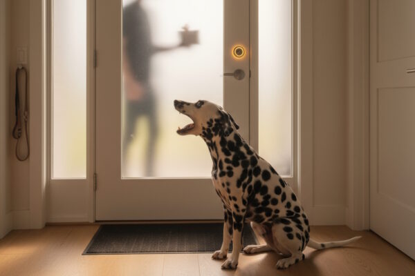 Dalmatiner bellt an der Haustür und blickt durch Milchglas auf den Besucher mit Paket; leuchtende Türklingel, Leine im Flur.