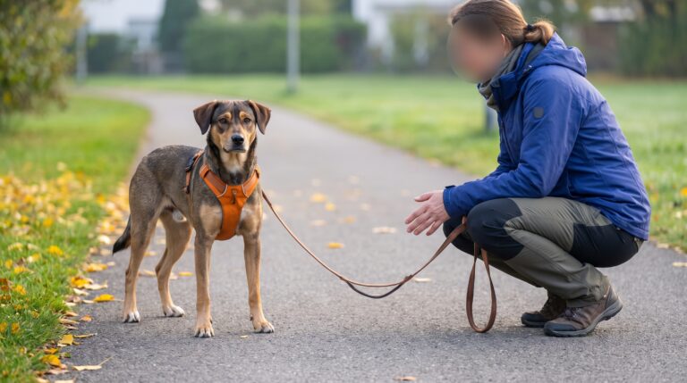 Eine Person hockt neben einem stehen gebliebenen Hund und beobachtet bei lockerer Leine dessen Haltung und Pfoten.