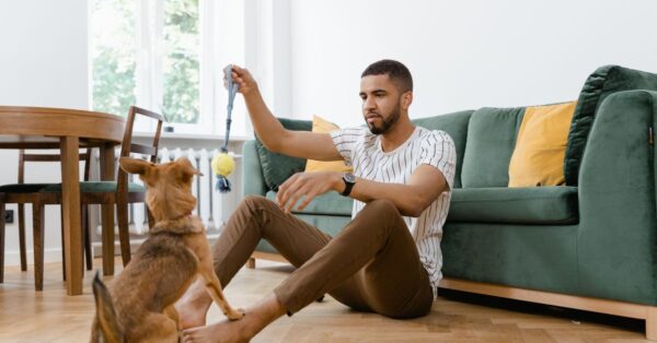 Mann beschäftigt seinen Hund spielerisch im Wohnzimmer