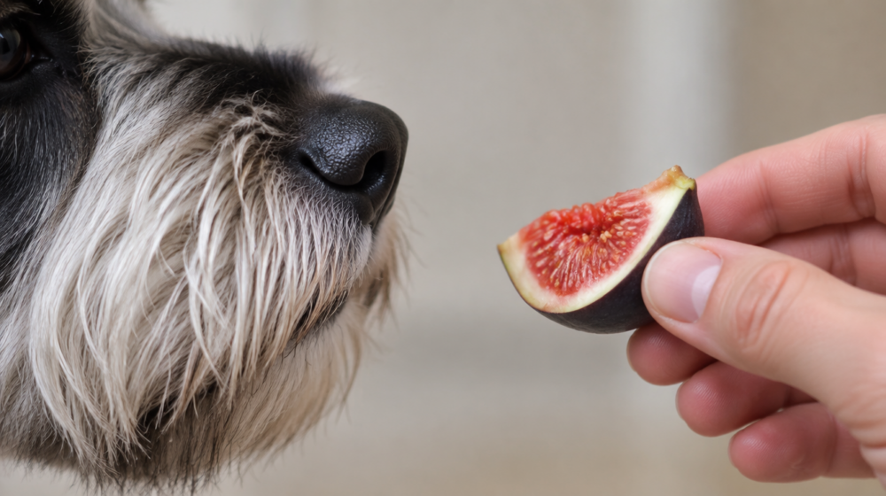 Ein Hund schnuppert an einem Stück frischer Feige, das ihm mit der Hand angeboten wird