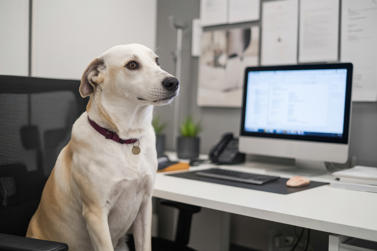 Weiß-brauner Hund sitzt auf einem Drehstuhl im Büro am Arbeitsplatz eines Angestellten.