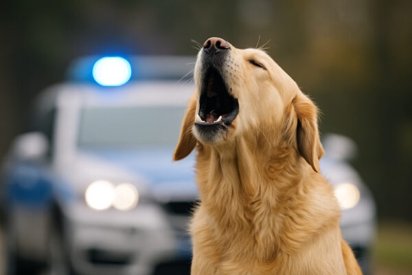 Golden Retriever jault mit geöffnetem Maul, im Hintergrund ist ein Polizeiauto mit eingeschaltetem Blaulicht unscharf zu sehen.