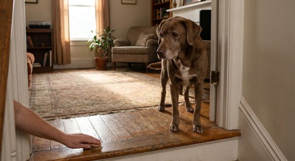 Ein Labrador-Mischling steht zögernd an der Türschwelle eines gemütlichen Wohnzimmers mit Holzboden. Eine Hand liegt untersuchend auf dem Boden.