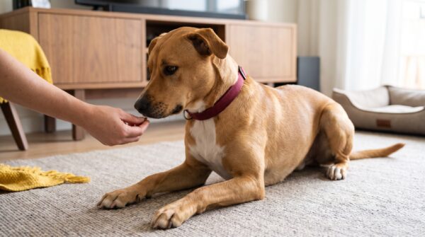 Hellbrauner Hund liegt neben einer ruhig geführten Hand auf dem Teppich