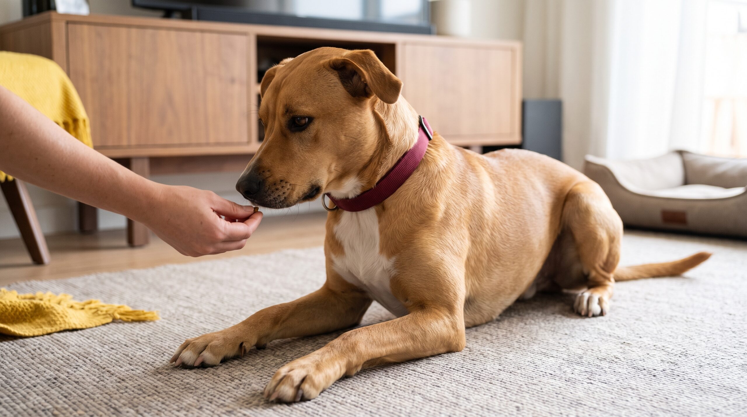 Hellbrauner Hund liegt neben einer ruhig geführten Hand auf dem Teppich