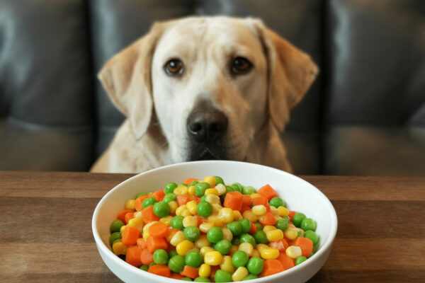 Hund sitzt vor einer Schüssel voll Buttergemüse