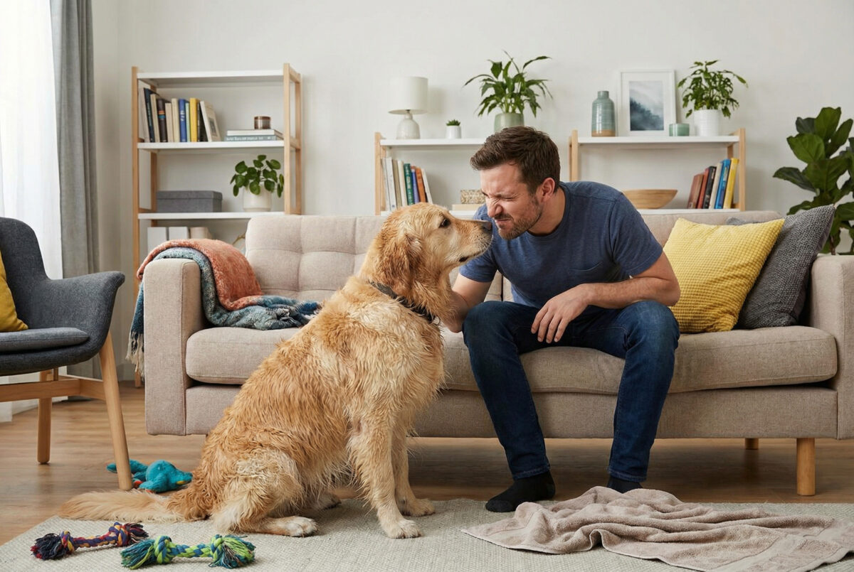 und stinkt nach draußen: Ein Mann sitzt im Wohnzimmer und riecht an seinem nassen Hund, der nach dem Spaziergang deutlich müffelt.