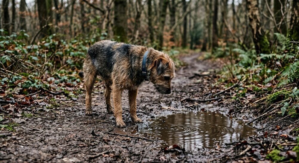 Ein Hund steht auf einem Waldweg und schaut in eine schlammige Pfütze.