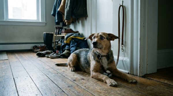 Hund liegt angespannt auf dem Boden neben der aufgehängten Leine in der Wohnungsdiele