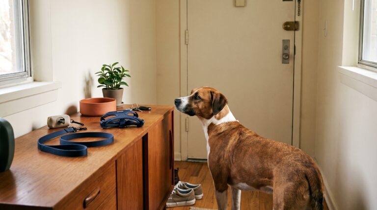 Ein erwachsener Hund steht im Wohnungseingang neben einem Sideboard mit Leine und Brustgeschirr und blickt zur Tür.