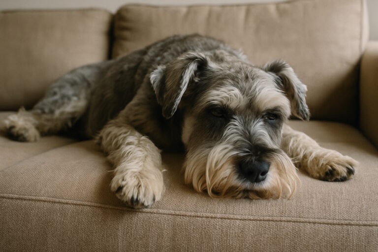Hund liegt abgeschlagen auf dem Sofa – mögliches Anzeichen von Schmerzen