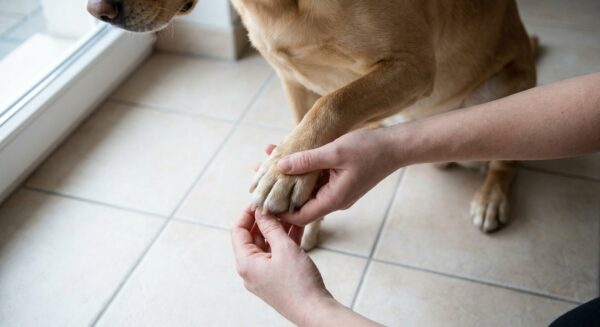 Eine Person spreizt sanft die Zehen eines Hundes, um die Pfote auf Verletzungen oder Fremdkörper zu prüfen.