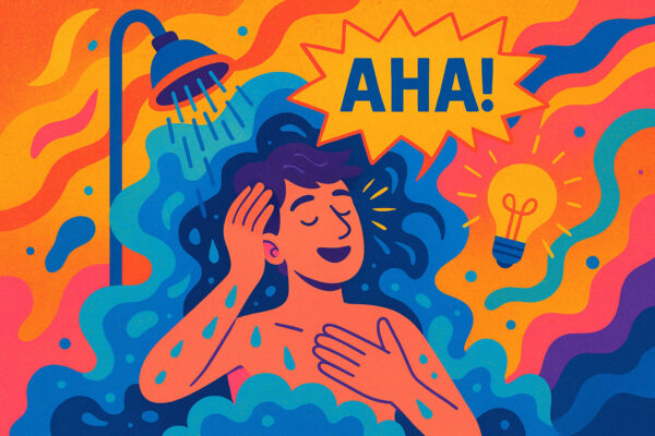 Illustration einer Person bein Duschen mit Geistesblitz und „AHA!“-Schriftzug