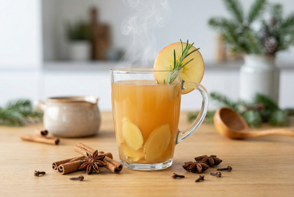 Dampender alkoholfreier Ingwer-Apfel-Punsch als Glühwein-Alternative in einer Glastasse, mit Ingwerscheiben, Apfelscheibe und Rosmarin, daneben Zimtstangen, Sternanis und Nelken auf hellem Holztisch.