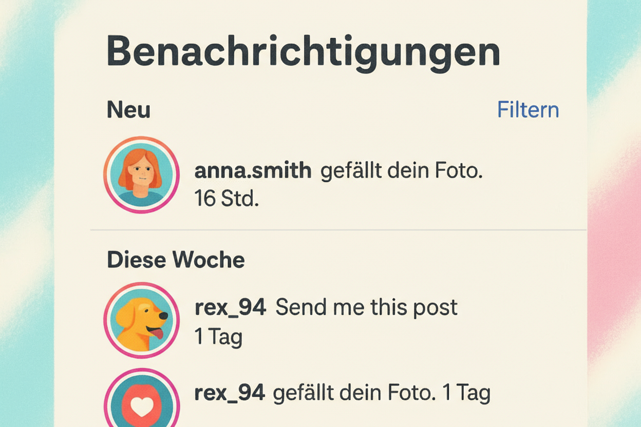Instagram-Benachrichtigungen auf Deutsch mit Kommentar „Send me this post“ und Likes; zeigt die öffentliche Bitte um Zusendung eines Beitrags per Direktnachricht.