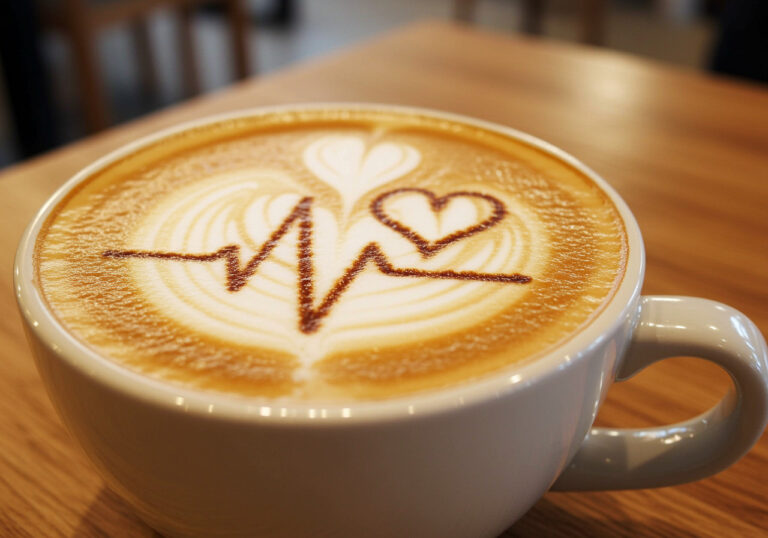 Eine Tasse Capucchino mit einer Herzlinie und einem Herz, symbolisch für die Frage, ob Kaffee gesund ist.
