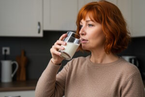 Ältere Frau mit schulterlangem Haar trinkt ein Glas voll Milch.