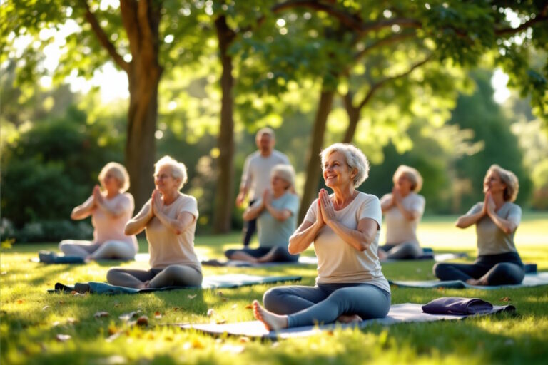 Senioren beim Pilates im Park, ideal für Bewegung und Gesundheit im Alter.