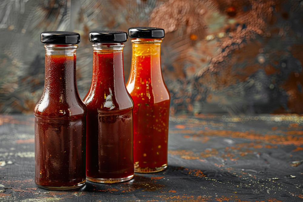 Ist Grillsoße vom letzten Jahr noch gut: Drei Flaschen BBQ-Soße stehen nebeneinander auf dunklem Untergrund.