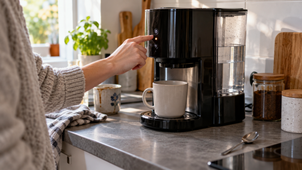 Eine Person drückt in der Küche auf eine Kaffeemaschine, während unter dem Auslauf eine leere Tasse steht.
