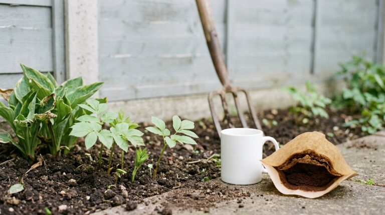 Gierschtriebe neben einem Filter mit Kaffeesatz im Staudenbeet