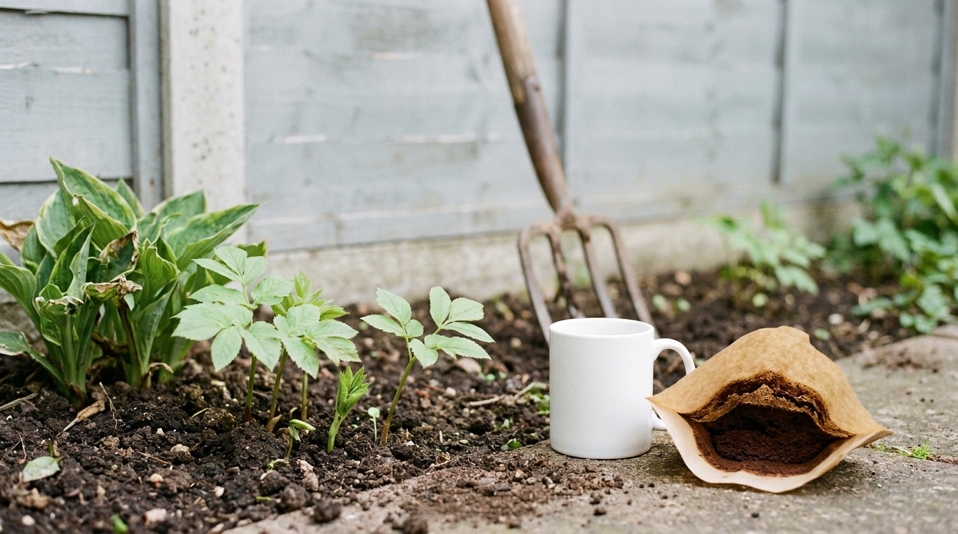 Gierschtriebe neben einem Filter mit Kaffeesatz im Staudenbeet