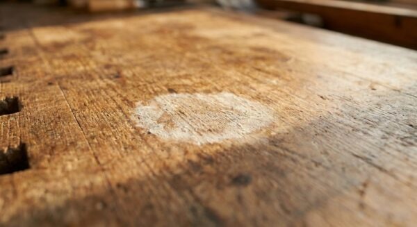 Nahaufnahme eines hellen, weißlichen Kalkflecks auf einer Holzplatte.