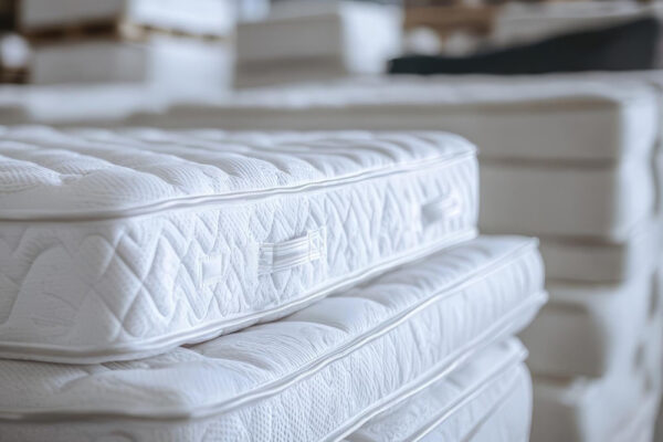 Kaltschaum oder Federkern: mehrere weiße Matratzen im Showroom gestapelt, Nahaufnahme von Bezug und Steppung.