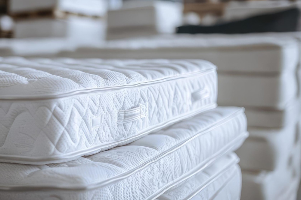 Kaltschaum oder Federkern: mehrere weiße Matratzen im Showroom gestapelt, Nahaufnahme von Bezug und Steppung.