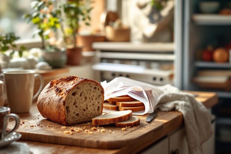 Frisches Brot und geschnittene Brotscheiben liegen auf einem Holzbrett in der Küche, ideal zur Frage: Kann man Brot einfrieren?