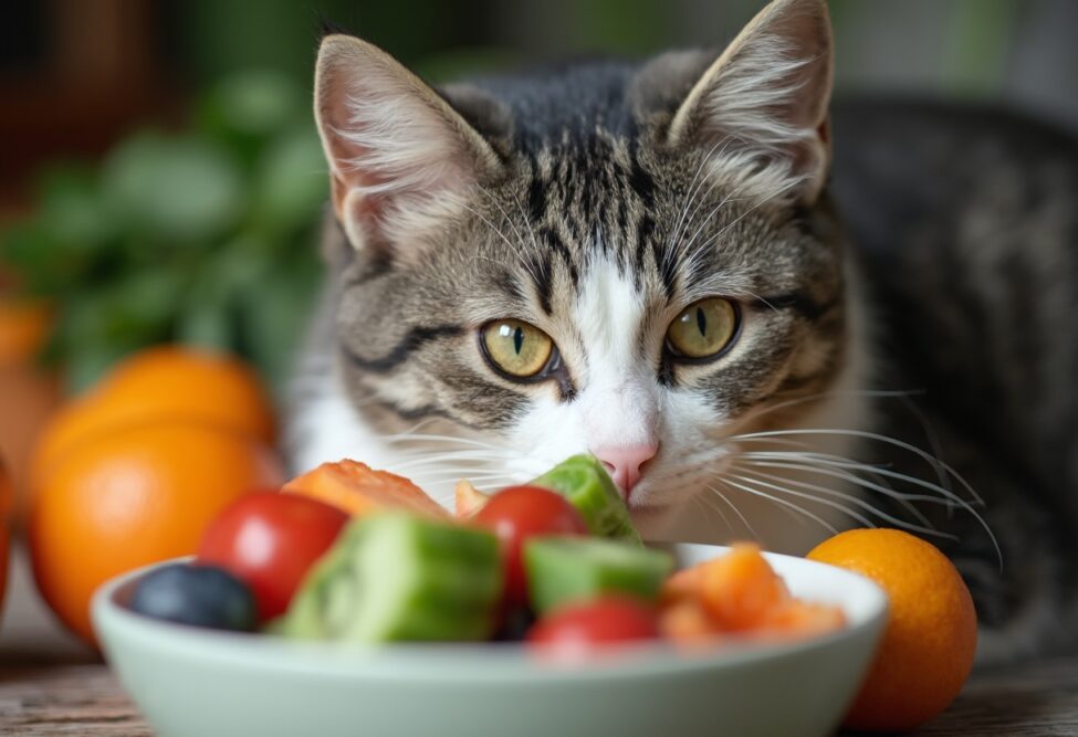 Eine grau-weiß getigerte Katze mit grünen Augen liegt hinter einer Schüssel mit geschnittenem Obst und Gemüse, die eine Ernährung, typisch vegan, symbolisiert.