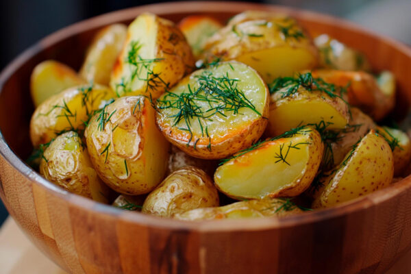 Gebackene Kartoffelhälften mit Schale und frischem Dill in einer Holzschale