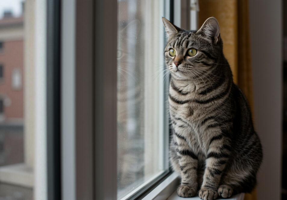 Getigerte Katze sitzt alleine am Fenster.