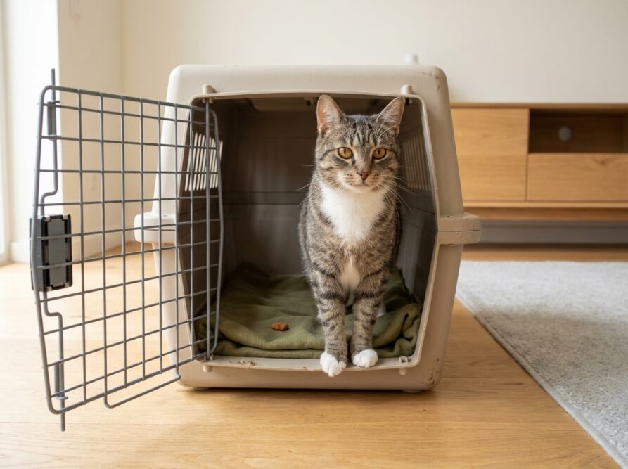 Getigerte Katze steht mit den Vorderpfoten am Eingang der offenen Transportbox.