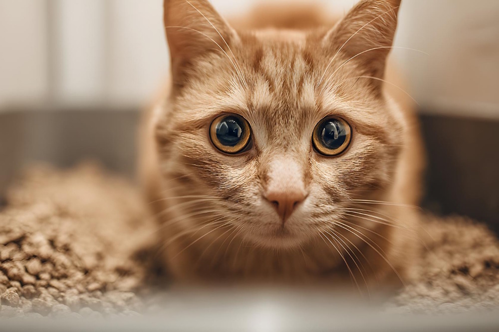 Orangefarbene Katze liegt im Katzenklo und schaut aufmerksam in die Kamera.