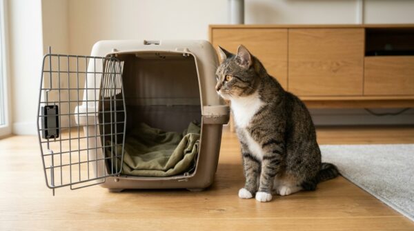 Getigerte Katze sitzt neben einer geöffneten Transportbox mit olivgrüner Decke.