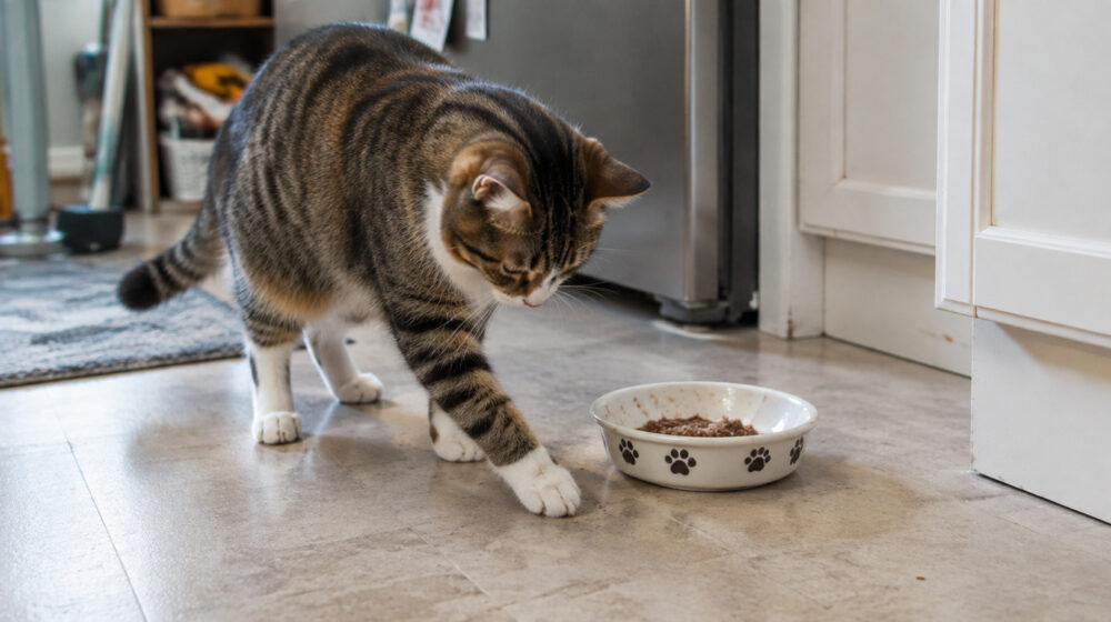 Katze scharrt mit einer Pfote neben ihrem Futternapf