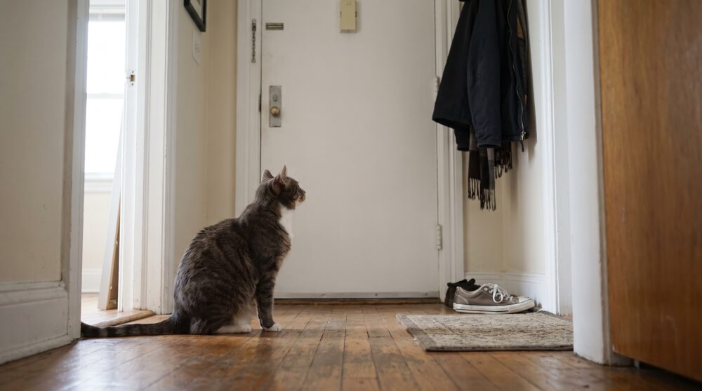 Katze will raus darf aber nicht – Katze will raus darf aber nicht in einer natürlichen Alltagsszene