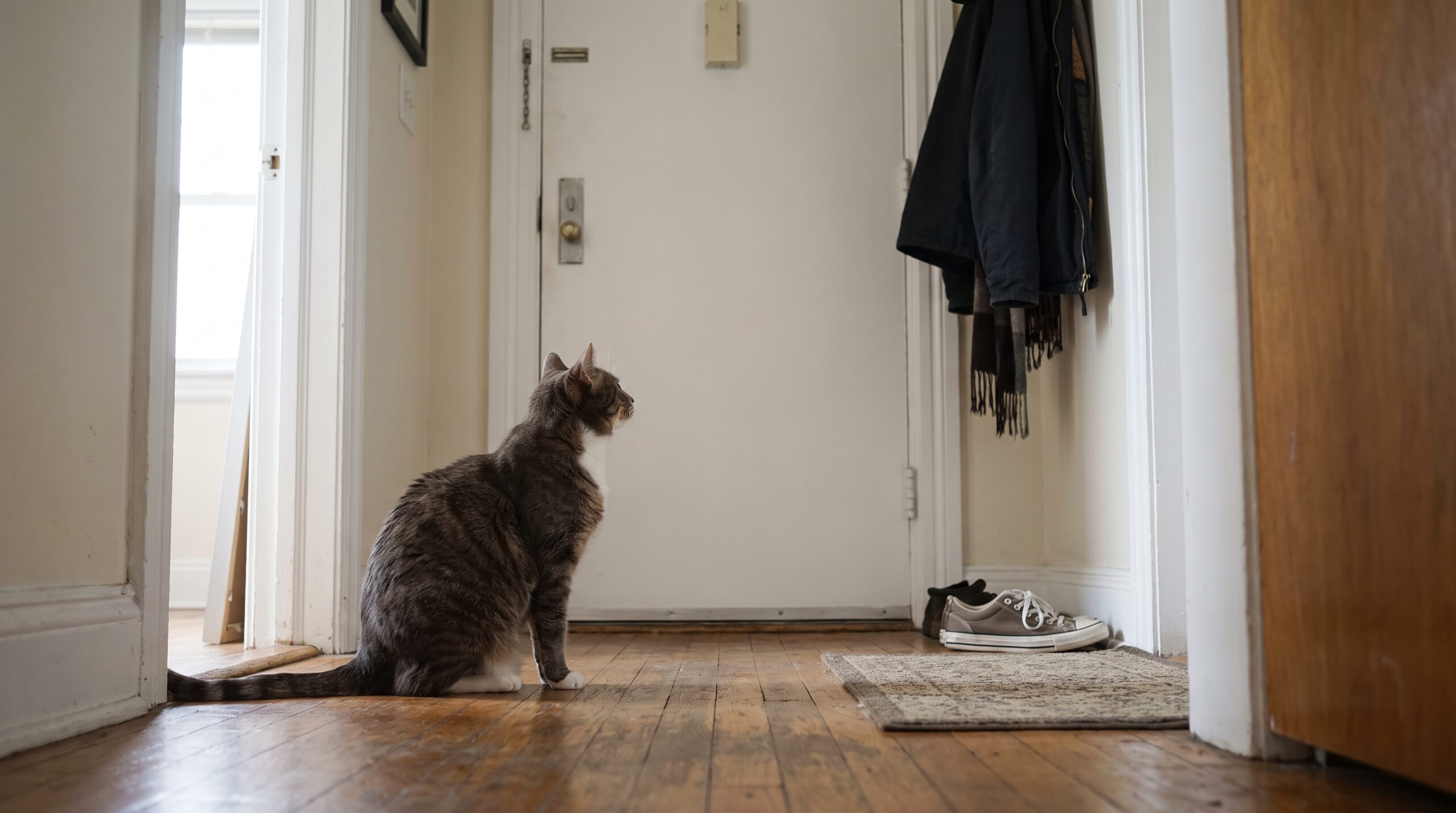Katze will raus darf aber nicht – Katze will raus darf aber nicht in einer natürlichen Alltagsszene