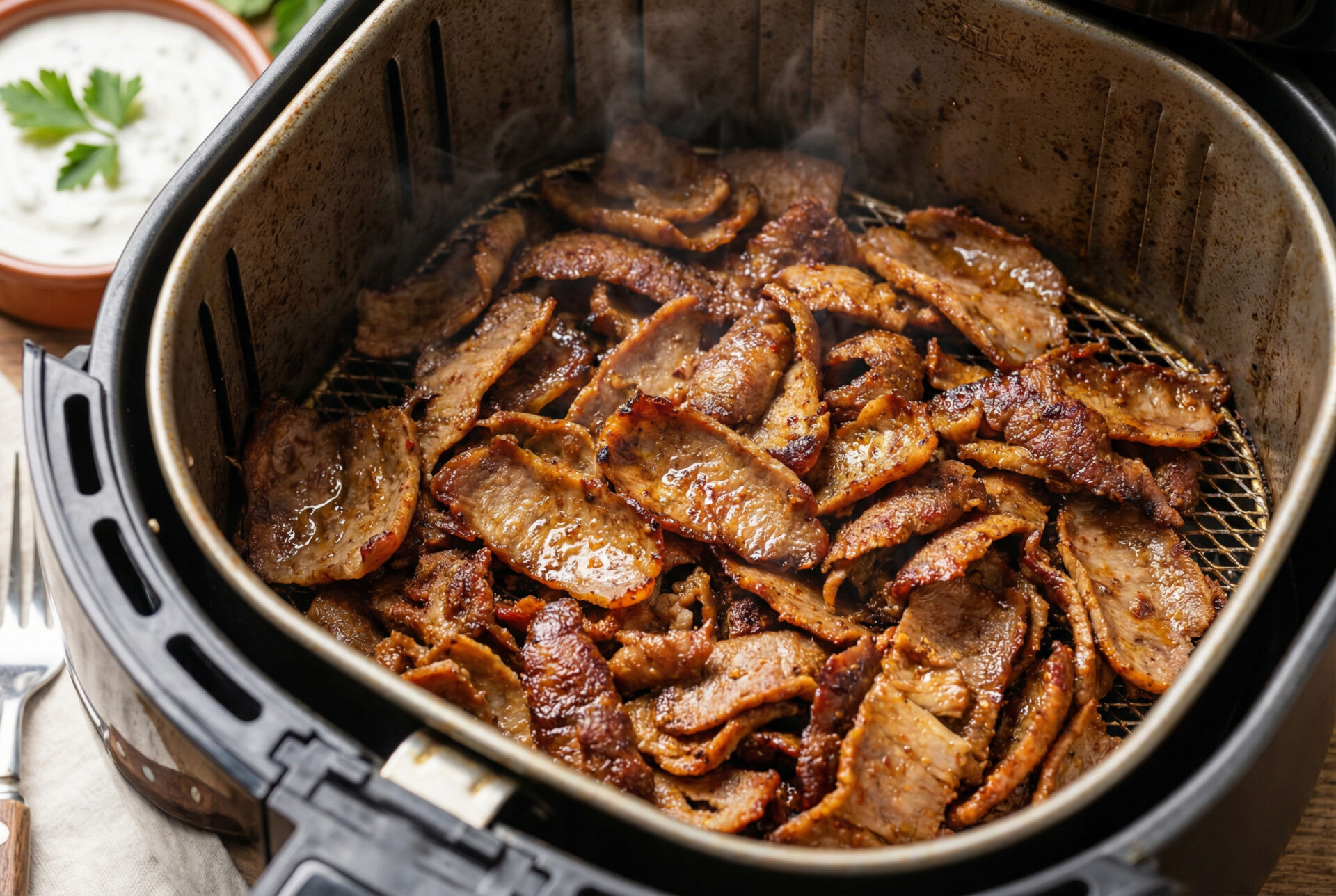 Nahaufnahme von gebräuntem Dönerfleisch in der Heißluftfritteuse, leicht dampfend im Korb.