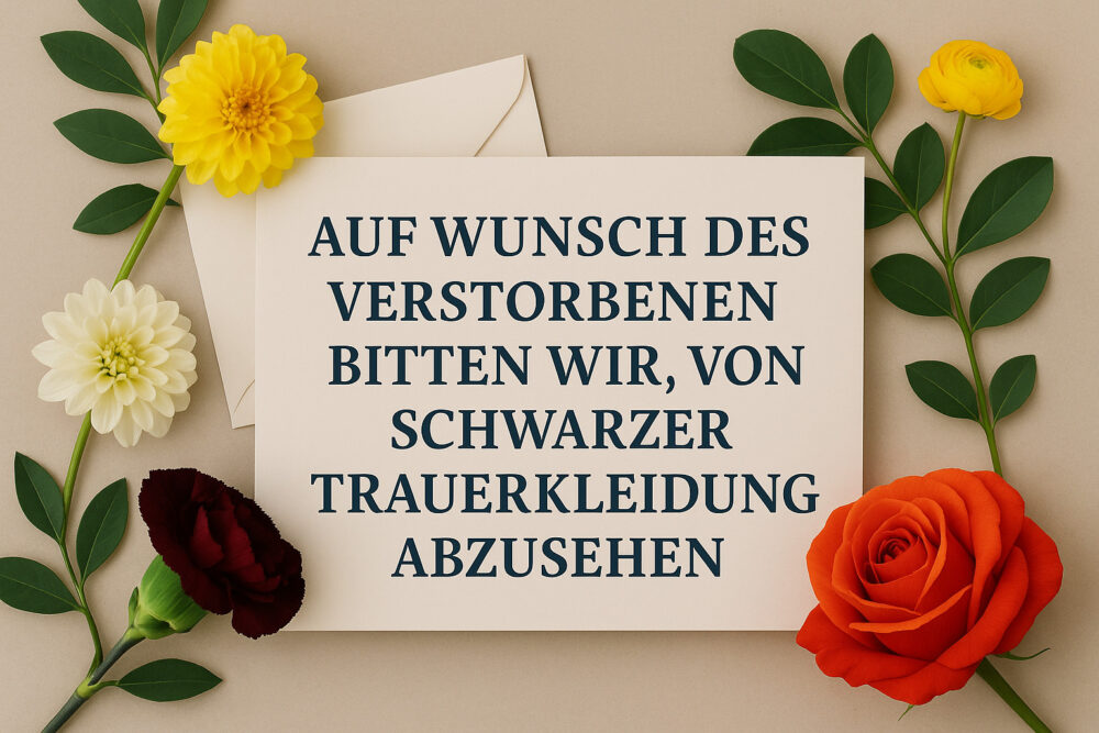 Hinweiskarte mit dem Text „Auf Wunsch des Verstorbenen bitten wir, von schwarzer Trauerkleidung abzusehen“, umgeben von bunten Blumen und einem Briefumschlag.