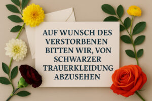 Hinweiskarte mit dem Text „Auf Wunsch des Verstorbenen bitten wir, von schwarzer Trauerkleidung abzusehen“, umgeben von bunten Blumen und einem Briefumschlag.