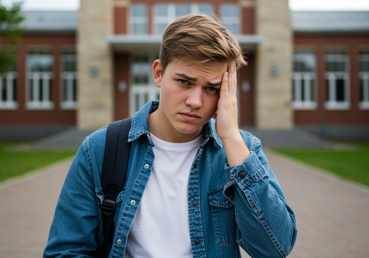 Frustrierter Schüler, der keine Lust hat, zur Schule zu gehen.
