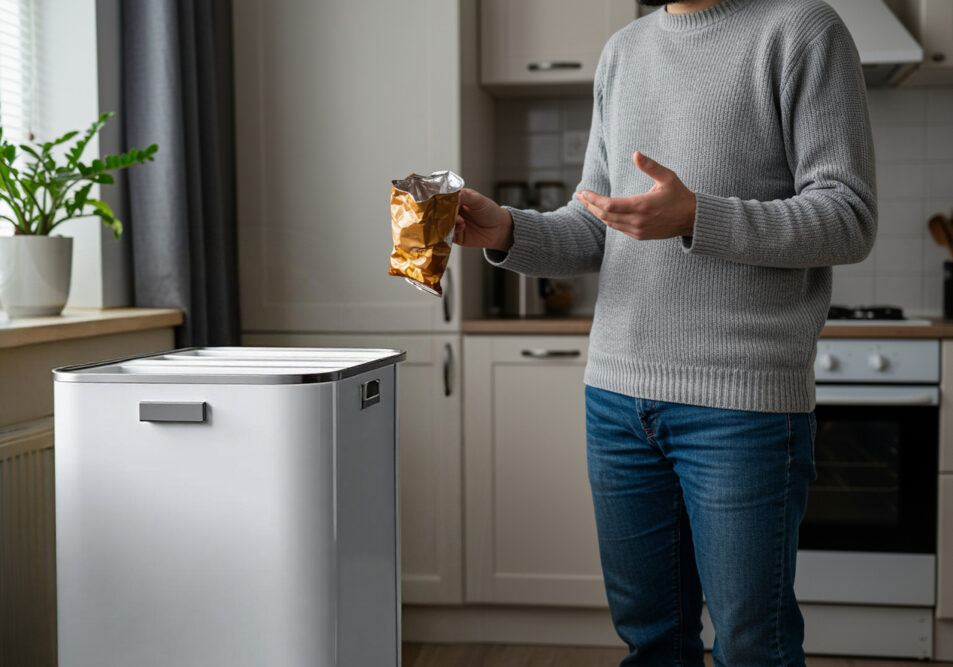 Eine Person steht zu Hause vor einer Recycling-Tonne und hält eine leere Snack-Verpackung ohne Recyclinghinweise in der Hand.