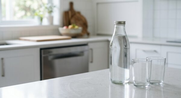 Eine saubere Glasflasche mit klarer Flüssigkeit steht neben glänzenden Gläsern auf einer hellen Küchenzeile.