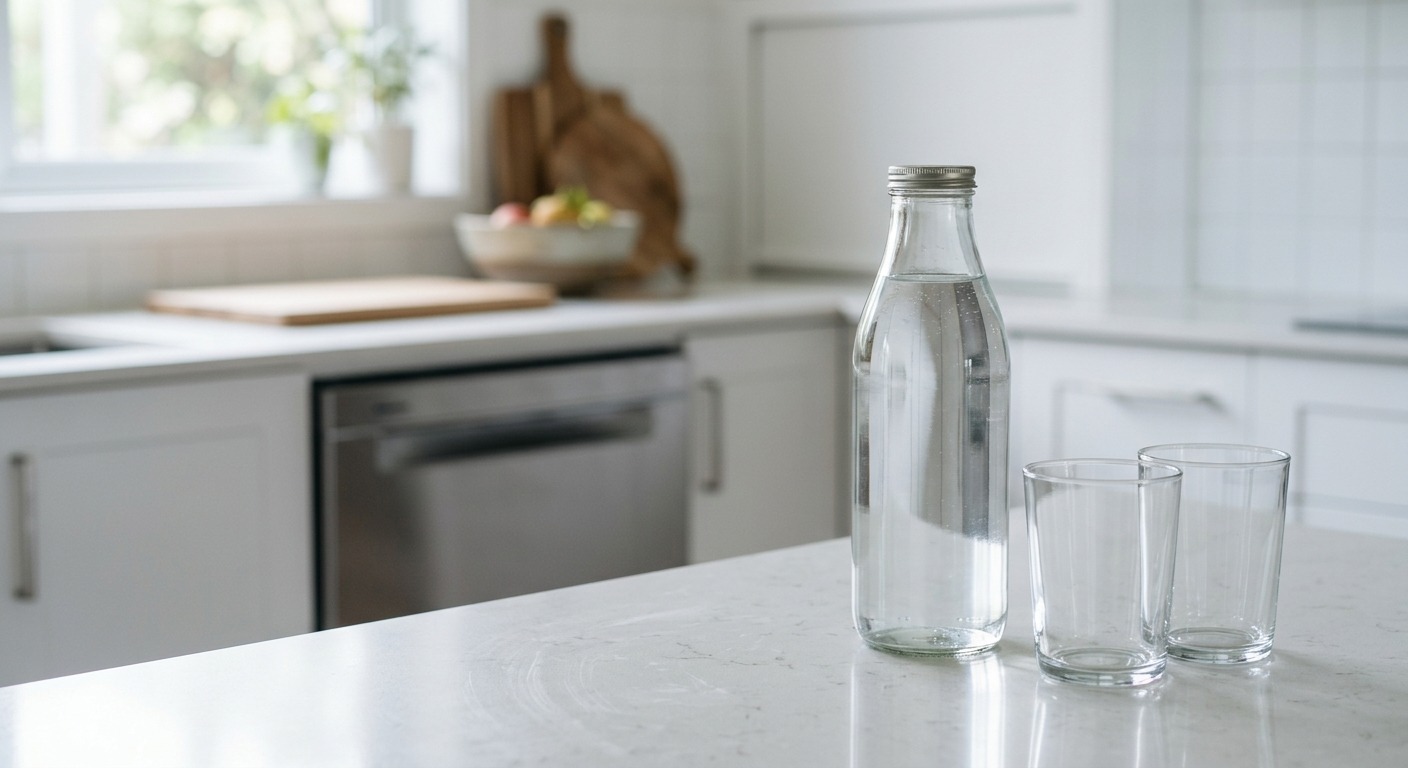 Eine saubere Glasflasche mit klarer Flüssigkeit steht neben glänzenden Gläsern auf einer hellen Küchenzeile.