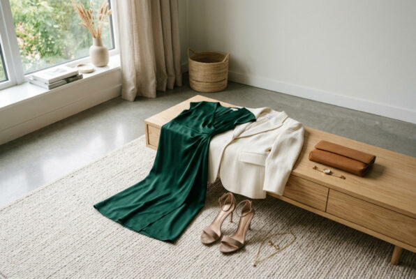 Elegantes Kleid, heller Blazer, Schuhe und Accessoires liegen in einem ruhigen Wohnraum bereit und zeigen Kleidung für einen besonderen Anlass