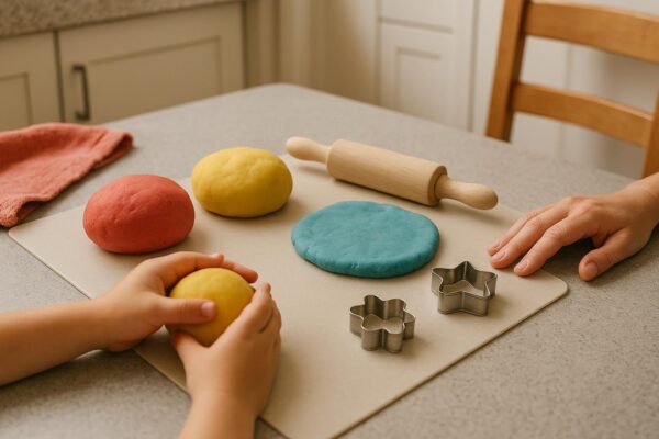 Bunte selbst gemachte Knete mit Nudelholz und Ausstechformen auf einer Küchenunterlage